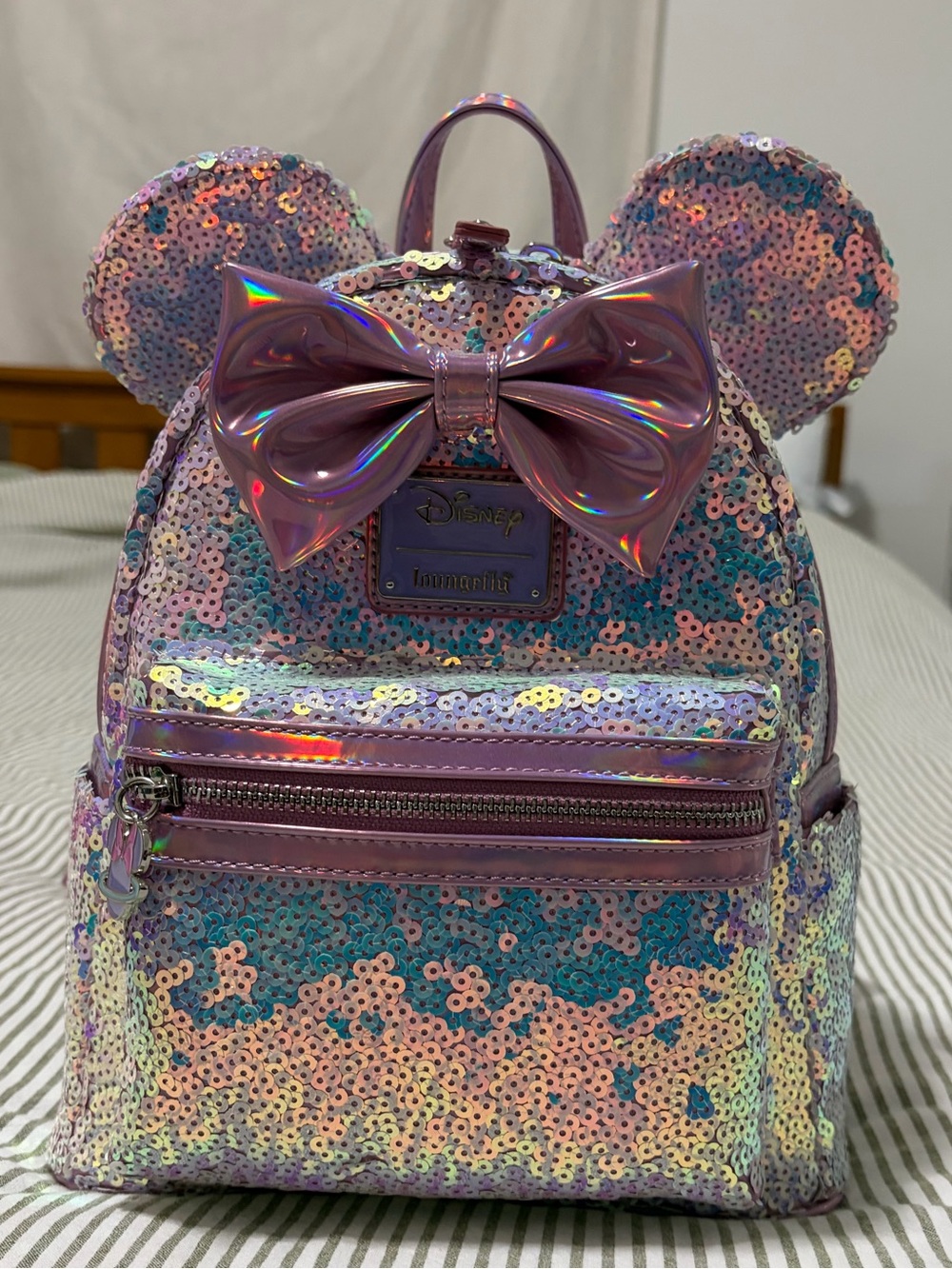 Loungefly Iridescent Sequin Backpack with Bow Ears - Pink/Purple/Blue
